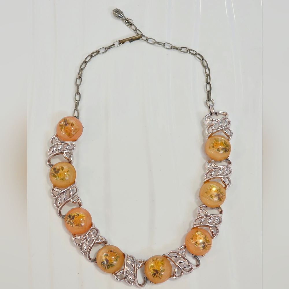 Vintage 1950s Orange Lucite Silver Necklace